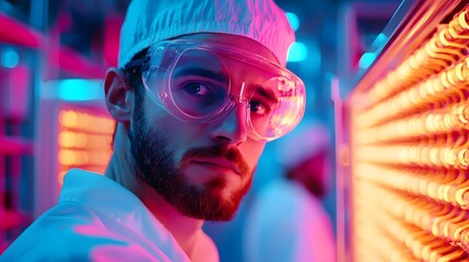 Obraz premium Retro-Futuristic Semiconductor Factory with Vintage Machinery and Neon-Lit Production Lines