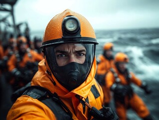 Offshore Safety Crew Undergoing Rigorous Emergency Preparedness Training Facing Intense Expressions and Intricate Protective Gear in a Dynamic Moody
