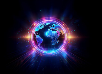 Obraz premium A vibrant, glowing orb representing Earth, encircled by rings of radiant light and energy bursts, set against a deep black backdrop. The image evokes feelings of cosmic energy and global connectivity