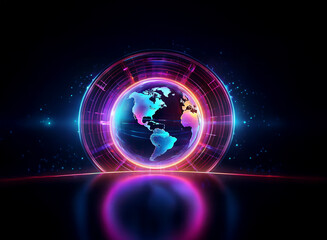 Obraz premium A vibrant, holographic Earth glows within a circular, futuristic frame. Neon colors illuminate the scene, reflecting on a dark, glossy surface. The image evokes themes of technology and global conne