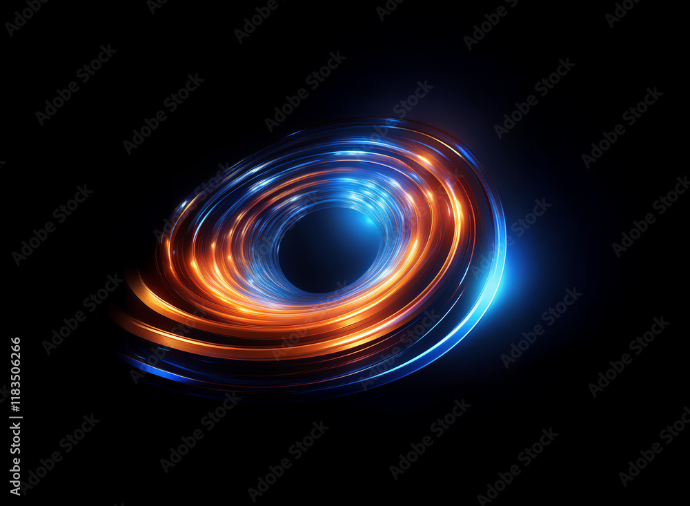 Poster intricate, glowing rings of blue and orange light swirl in a hypnotic vortex against a black backdro