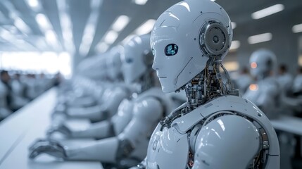 Fototapeta premium Futuristic White Robots Working Together in a Modern Factory Setting