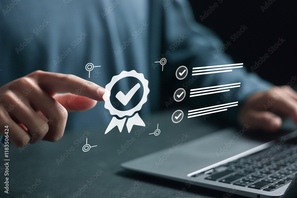 Poster organizational performance management concept. businessman using laptop with digital checklist and q