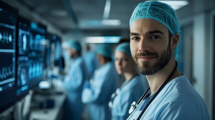 Fototapeta premium Confident Male Doctor or Surgeon in Scrubs with Team Blurred in Background