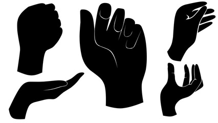 set of hand silhouettes isolated on white, Human hand gestures, collection of black hands, flat, silhouette hands pose collection, Vector illustration.