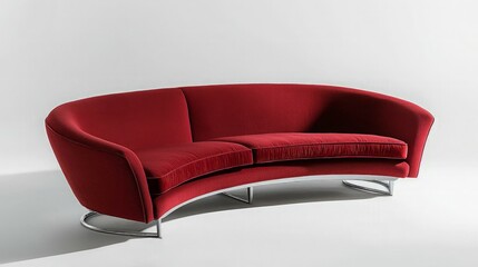 Curved red sofa, modern design, studio shot, minimalist background, home decor.