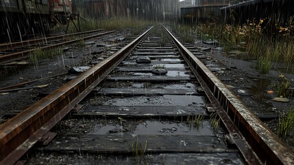 Fototapeta premium Rainy Day on Abandoned Railroad Tracks