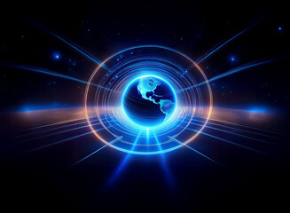 Obraz premium A glowing blue planet Earth is encircled by vibrant rings of light and energy streams, suggesting global connection and technological advancement. The dark background enhances the futuristic feel.