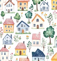 Seamless pattern of cute watercolor houses in different colors. The houses have windows and doors, and are surrounded by trees with leaves and flowers.
