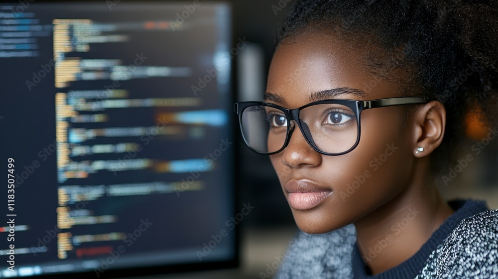 Poster focused young african american woman programmer coding on computer screen