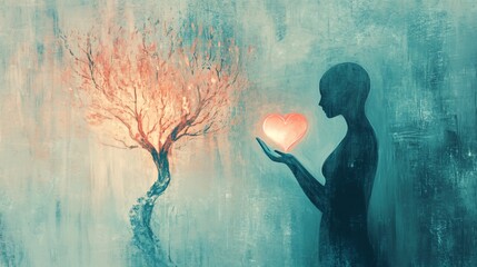 Serene Embrace: Woman Holding Glowing Heart Near Illuminated Tree