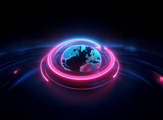 A glowing digital globe is encircled by vibrant pink and blue neon rings, set against a dark background.  The effect is futuristic and dynamic, suggesting global connectivity or technology.