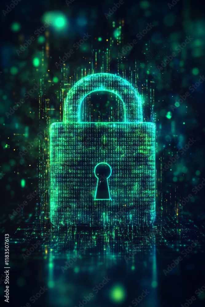 Aufkleber Futuristic Holographic Lock with Streaming Binary Code on Dark Background