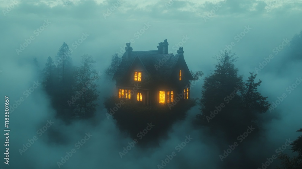 Poster An enchanting house hovers upside down above the treetops, with warm light glowing from its windows, surrounded by dense fog and ethereal trees in a twilight setting