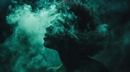 Woman's face obscured by teal smoke, dramatic lighting.
