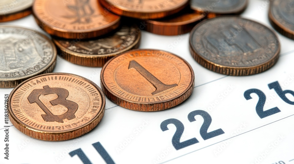 Aufkleber close-up of various coins and a calendar indicating a specific date, suggesting concepts related to 