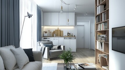 Modern apartment living room design, open-plan kitchen, natural light.