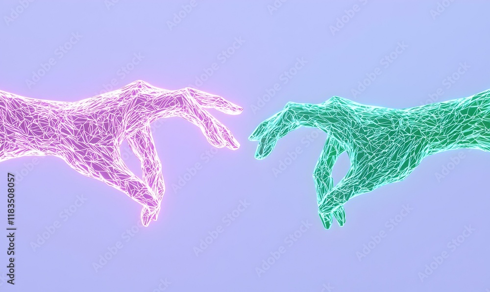 Poster hands extending towards each other, connecting through a glowing heart, symbolizing unity, compassio