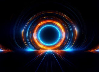 Abstract digital art depicting glowing concentric circles in blue and orange hues.  The rings...