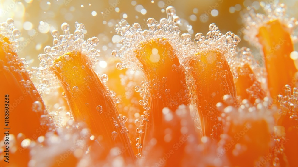 Poster close-up of vibrant orange objects submerged in sparkling water with numerous bubbles