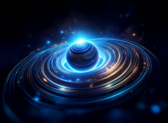 Fototapeta premium A glowing blue orb rests at the center of swirling, luminous rings against a dark backdrop. The vibrant energy creates a captivating cosmic scene.