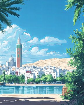 Oujda Morocco Travel Poster Flat Illustration Print Decor Gift Canvas Wall Art Gift