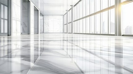 Obraz premium Modern marble office, city view, sunlight.