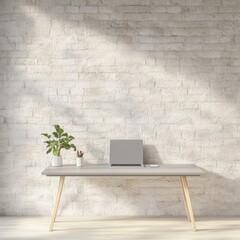 Modern Minimalist Office Desk with Laptop Against Sunlit Brick Wall