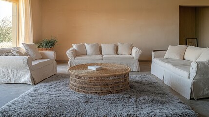 Modern minimalist living room, desert view, cozy couches, rattan coffee table.