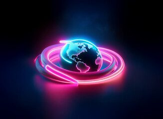 A glowing Earth encircled by vibrant pink and blue neon rings.  The dark background enhances the neon's intensity, suggesting global connection and technological advancement.