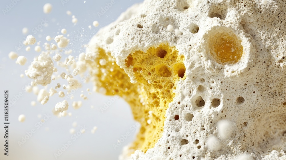 Poster abstract 3d render of porous structure with white and yellow bubbles