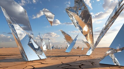 Shattered Reflections in the Desert: A Surreal Landscape of Broken Glass Mirrors Under a Bright Sky