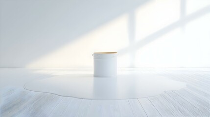 Oversized paint bucket and roller, vibrant colors spilling over, ready for a creative transformation of walls and spaces.