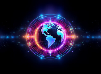 A vibrant, glowing Earth encircled by a futuristic, neon ring.  Digital energy pulses outwards, suggesting global connectivity and technological advancement.