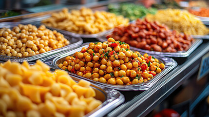 Obraz premium There are various foods on the plates in the buffet restaurant