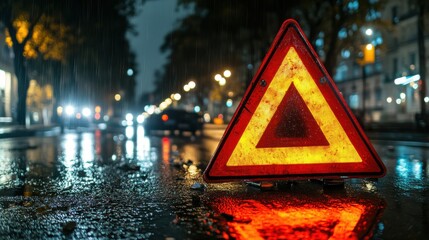 Bright warning sign stands out on a rainy city street at night with reflections in puddles