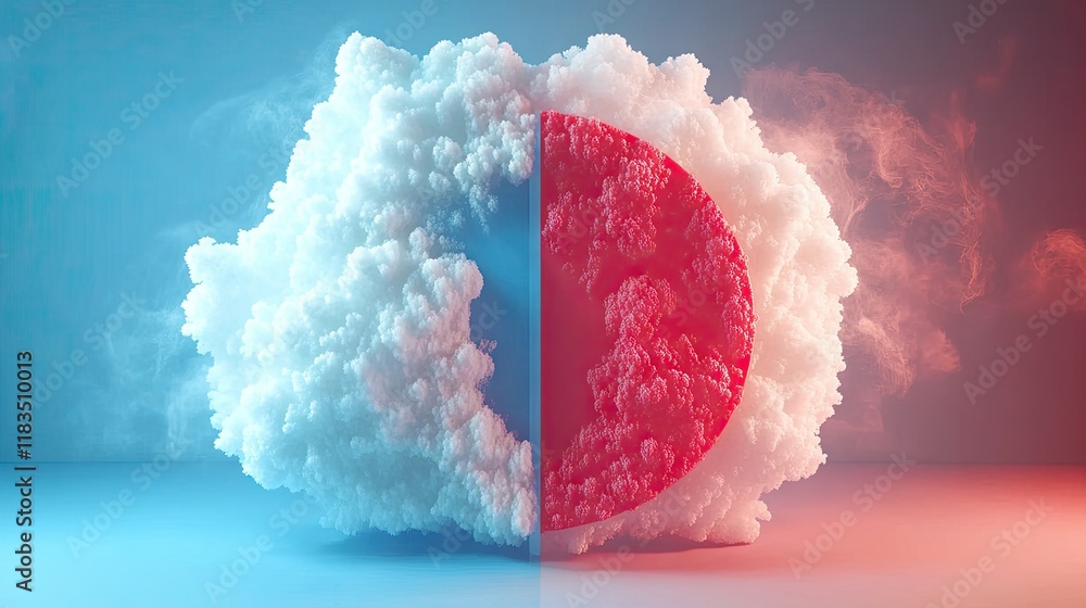 Aufkleber abstract 3d rendering of a split sphere with contrasting red and white cloud-like textures, illumina