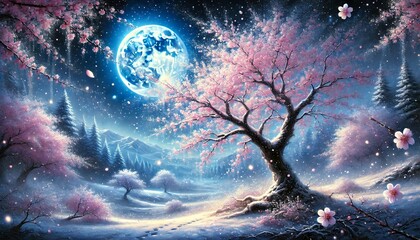 A tranquil snowy cherry blossom landscape illuminated by blue moonlight, blending winter's calm and spring's renewal in a fantasy realm