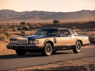 Obraz premium Vintage 1970s american car on desert road during sunset