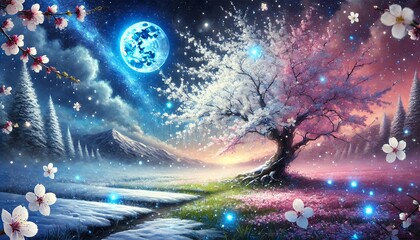 Obraz premium Dreamlike Harmony of Snow and Cherry Blossoms Under Tranquil Blue Moonlight