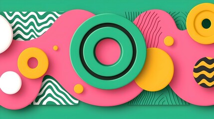 Obraz premium Vibrant Geometric Harmony, a contemporary artwork featuring bold green and pink shapes, creates a dynamic interplay of color and form.