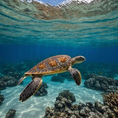 Fototapeta premium A sea turtle swimming gracefully in the clear waters around a tropical island, with coral reefs and fish in the background.