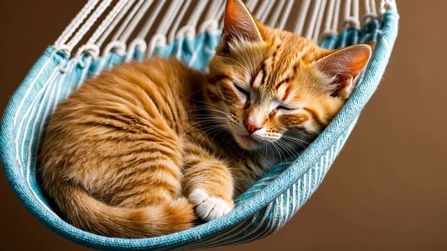 Cat sleeping peacefully in hammock, showcasing tranquility and comfort in warm indoor setting with soft textures