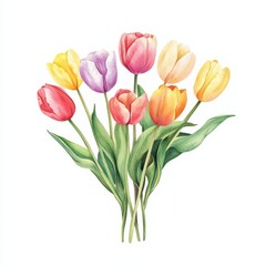 Fototapeta premium Vibrant watercolor tulips arrangement botanical studio art print bright atmosphere close-up view floral concept, isolated on white background