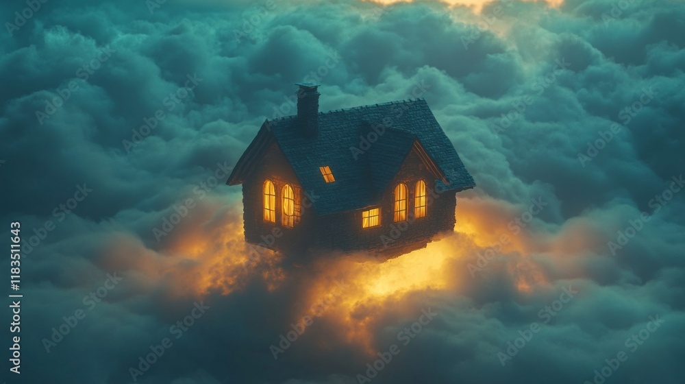 Poster in a surreal landscape, a quaint house hovers upside down, its warm lights casting an inviting glow 