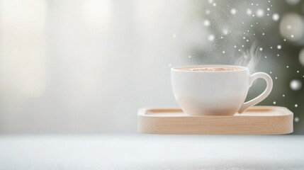 Fototapeta premium Cozy Winter Vibes Steaming Hot Chocolate on Floating Wooden Tray in Pastel Tones