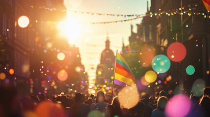 Crowd raising and holding rainbow gay flags during a Gay Pride. On blurred bokeh  background