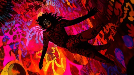 Neon Tribal Dance: A vibrant silhouette against a graffiti backdrop