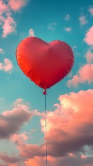 Obraz premium A vibrant heart-shaped balloon drifts effortlessly in the evening sky, surrounded by soft clouds. The colors blend beautifully as the sun sets, creating a serene atmosphere