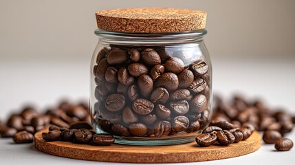 Glass jar filled with roasted coffee beans on wooden coaster.